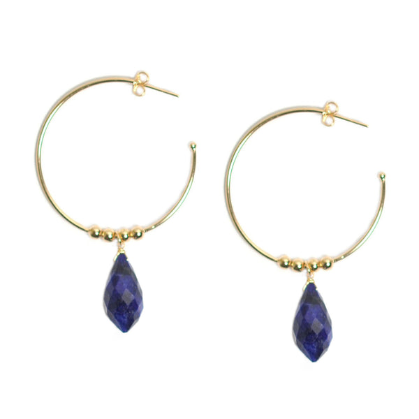 Blue Sapphire Drop Hoop Earrings